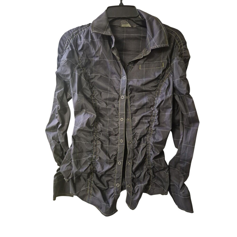 ATHLETA Women's Medium Tulum plaid Ruched Shirt Gray Plaid Cowgirl Western